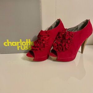 Charlotte Russe Red Velvet Peep Toe Pump Women’s Wooden Heels Bow Size 11